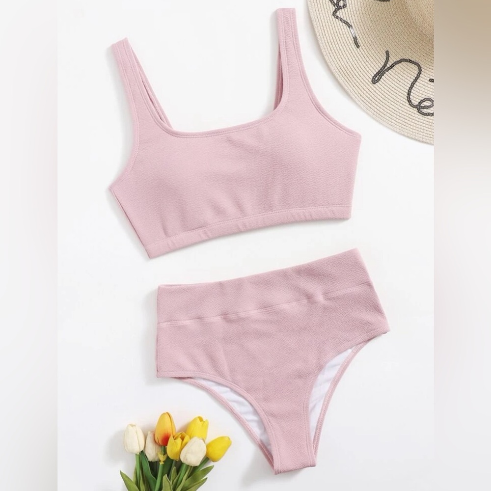Scoop Neck High Waisted Bikini Pink Swimsuit